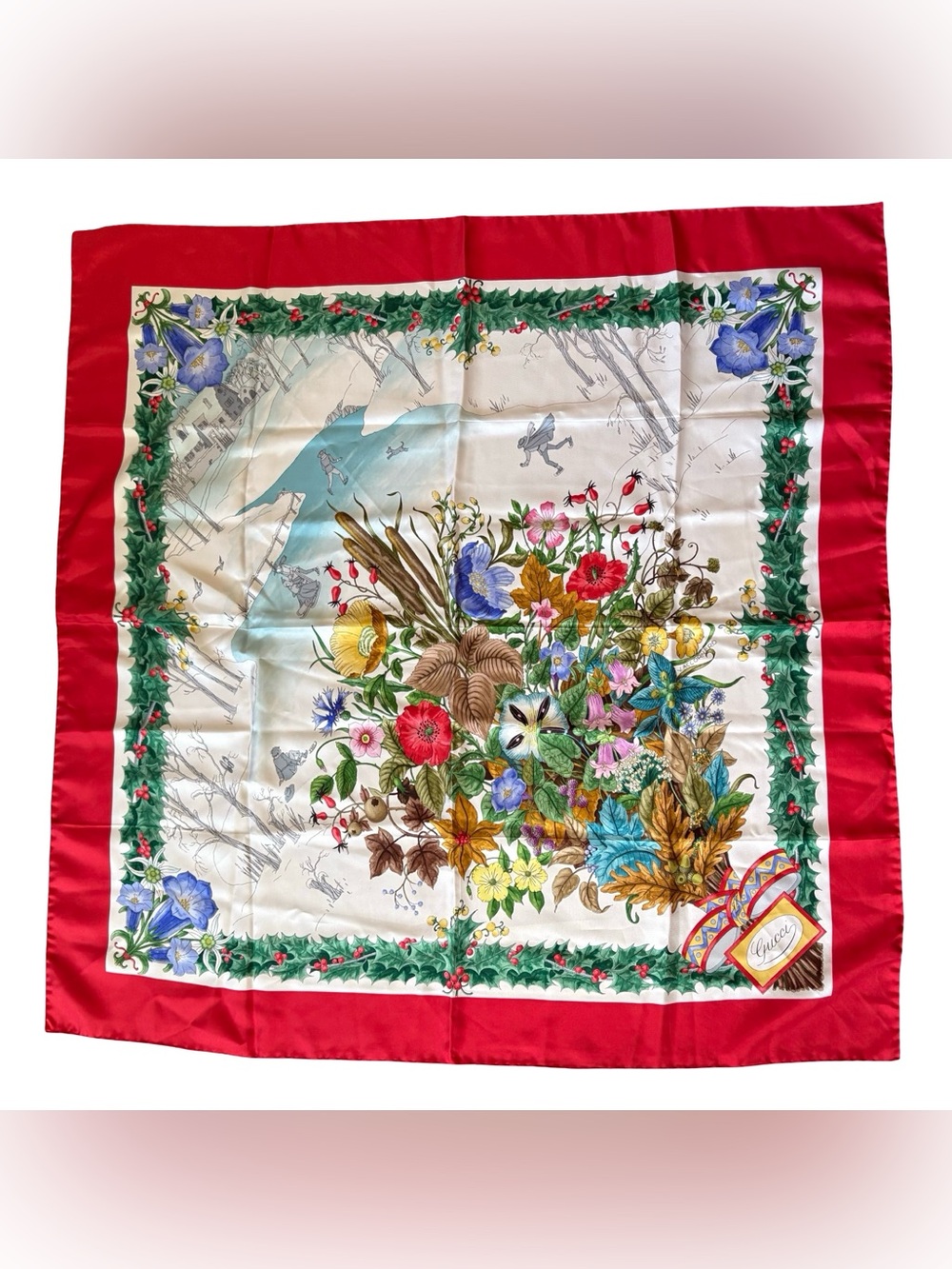 VTG Gucci silk scarf V. Accornero festive floral winter ice skating 34x34